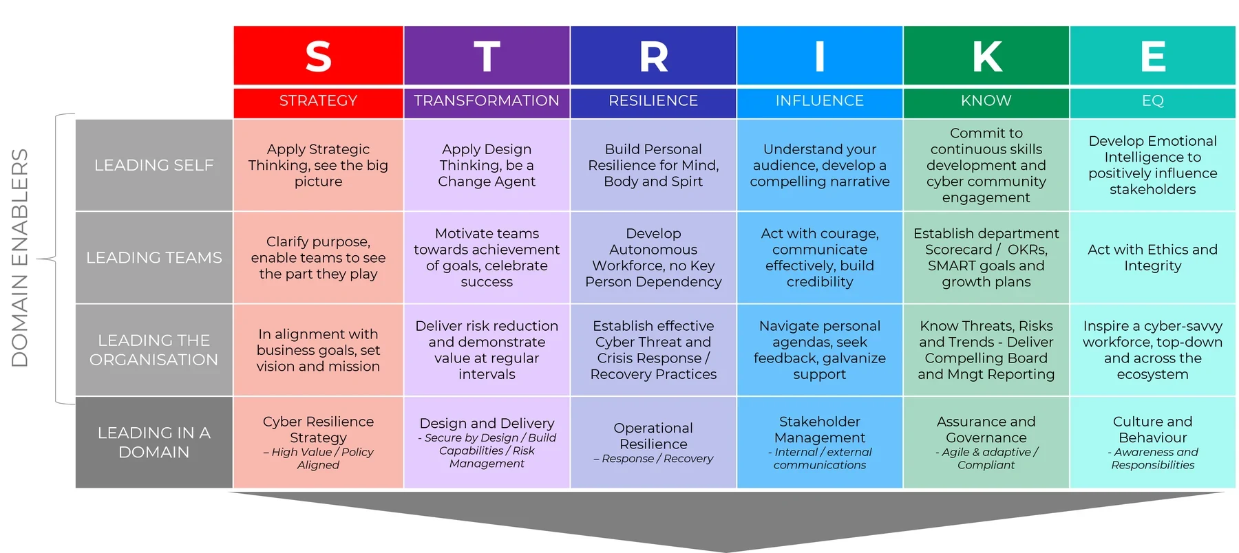 The STRIKE matrix: Strategy, Transformation, Resilience, Influence, Know and EQ set against leading self, leading teams, leading the organisation and leading in a domain